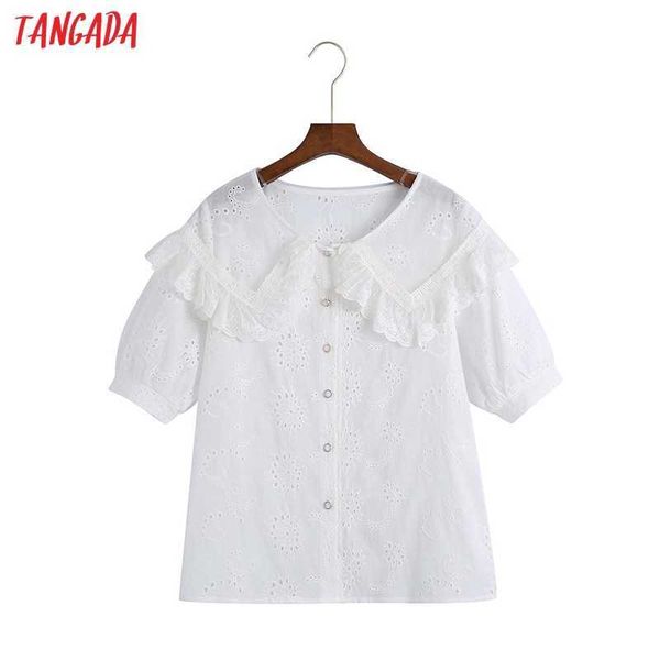 

tangada women retro statement collar emobirdery cotton shirt short sleeve summer chic female white shirt 6z106 210609