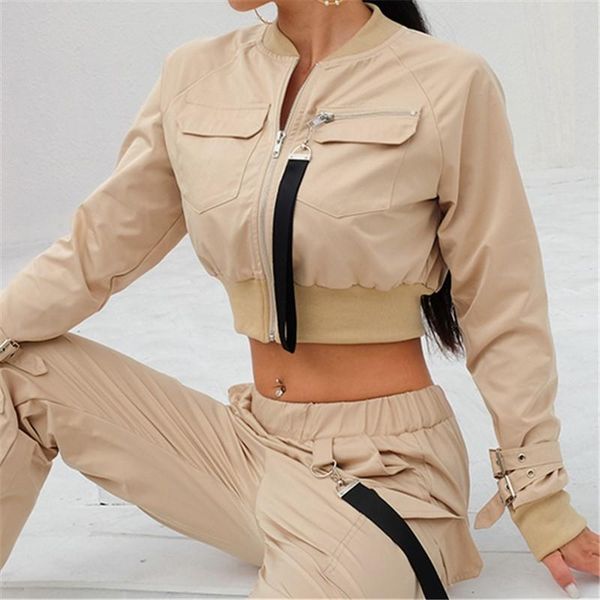 

women's jackets yyxz spring fashion slim solid color pockets long sleeve sml zipper 2 colors woman casual short cargo jacket crop 9oon, Black;brown