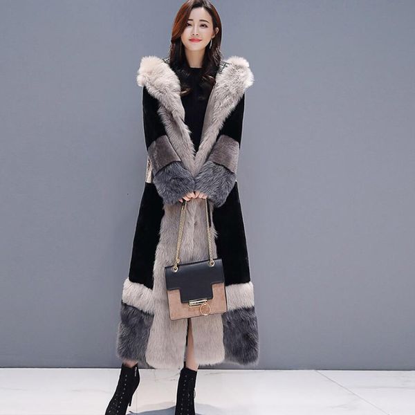 

blends winter fashion women slim x-long faux coat female plus veet thick warm fur jacket hooded, Black