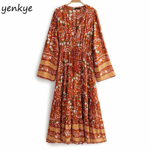 

casual dresses vintage floral print holiday boho dress women v neck long sleeve a-line maxi summer plus size robe, Black;gray