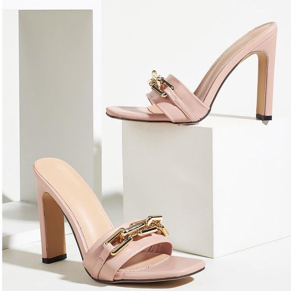 

women's slippers metal chains ladies square toe high heel elegant party casual summer pump woman rubber sole shoes big size 2021, Black