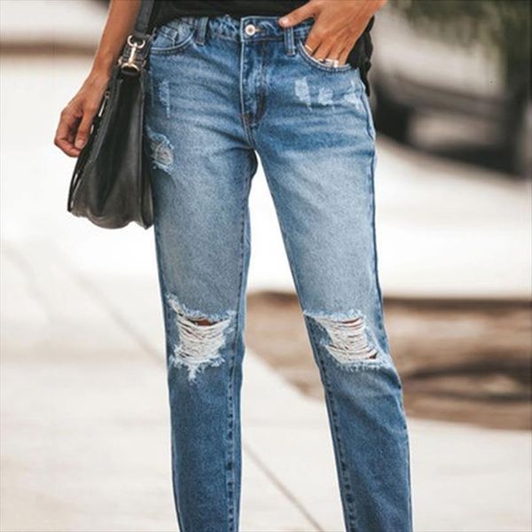 

stretch ripped distressed skinny women jeans high waist denim pants shredded trousers slim jeggings, Blue