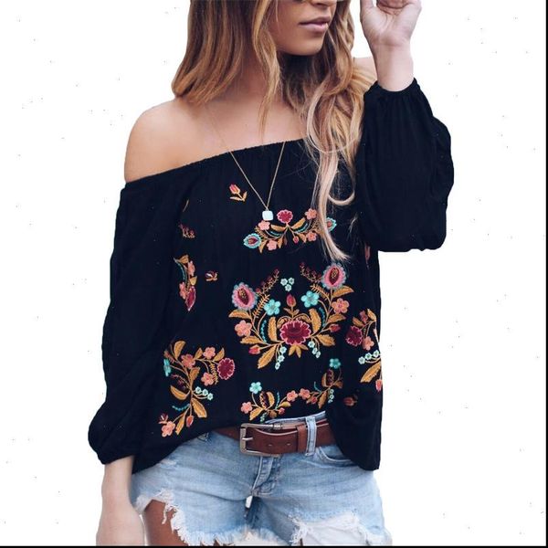 

vintage women shirts backless strapless off shoulder floral print embroider blouse black slash neck blouses s 2xl, White