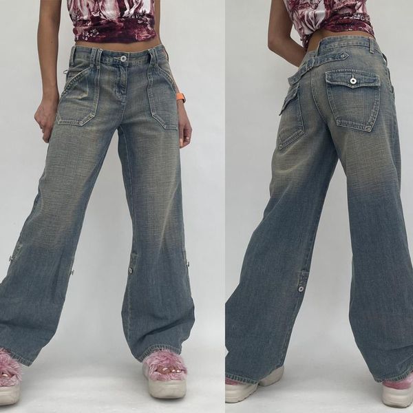 

women's jeans high waist female washed wide leg vintage ly relaxed fit punk denim pants hip hop wild casual trousers street, Blue