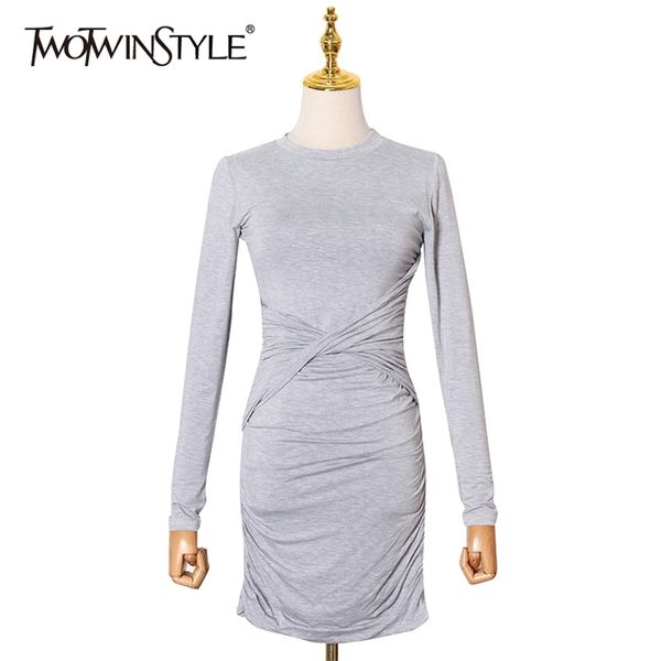 

slim dress for women o neck long sleeve high waist ruched bodycon dresses female fashion clothing autumn 210520, Black;gray