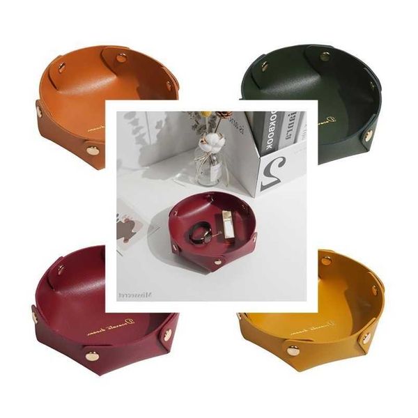 

multi-purpose round pu leather tray decorative catchall valet box portable folding deskorganizer storage plate for watches keys coins