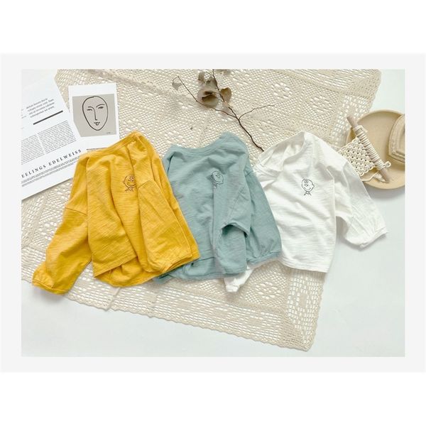 

2020 spring and summer children's cotton round neck t-shirt hanban bat sleeve embroidery cartoon slubby cotton long sleeve t-shirt, Blue;red