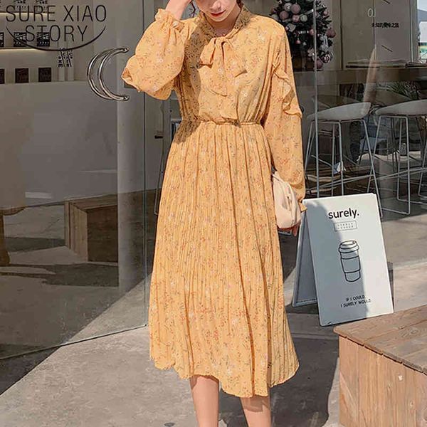 

spring flare sleeve ruffles a-line print chiffon dress women empire bow elegant vintage floral 8550 50 210508, Black;gray