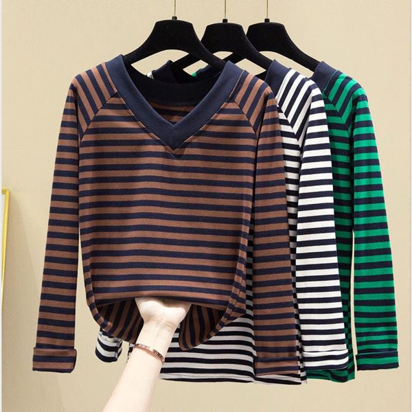 

casual t shirt women clothes v-neck stripe long sleeve 2021 tshirt autumn winter slim tee femme clothing women's sweaters, White;black