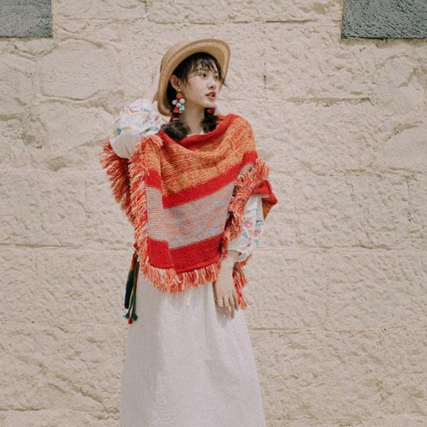 

2021winter design rainbow women contrast color red shawl warm pogenic pullover bohemian irregular shape sweater scarves, Blue;gray