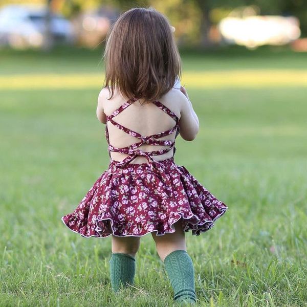 

girl's dresses summer toddler sleeveless lotus leaf dress retro style floral bandage open back suspender 0-4t, Red;yellow