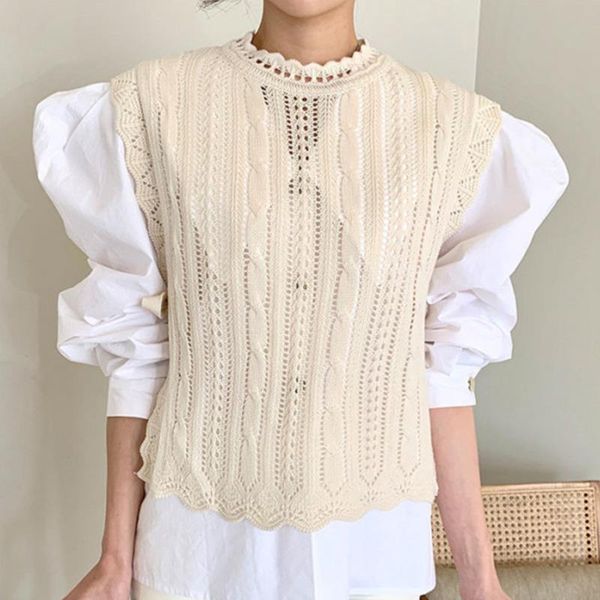 

women's vests [ewq] autumn 2021 korea chic vintage solid o-neck stand-up collar lace hollow out loose side belt vest sweater, Black;white