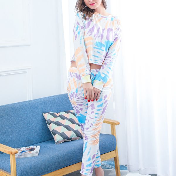 

women's sleepwear pajamas spring and summer 2021 open navel sports trend home suit tie dyed women, Black;red