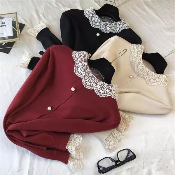 

autumn patchwork lace collar women womens sweaters jumpers pull femme knitted cardigans, White;black