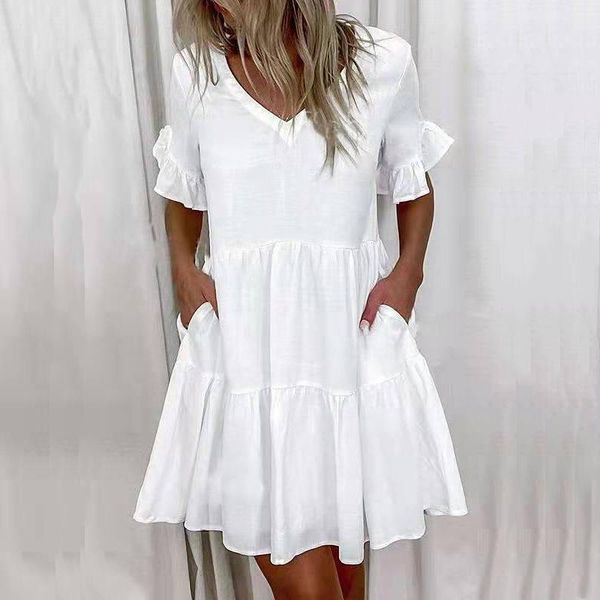 

casual dresses women summer v-neck ruffle mini dress short sleeve fashion loose floral print vintage lady white, Black;gray