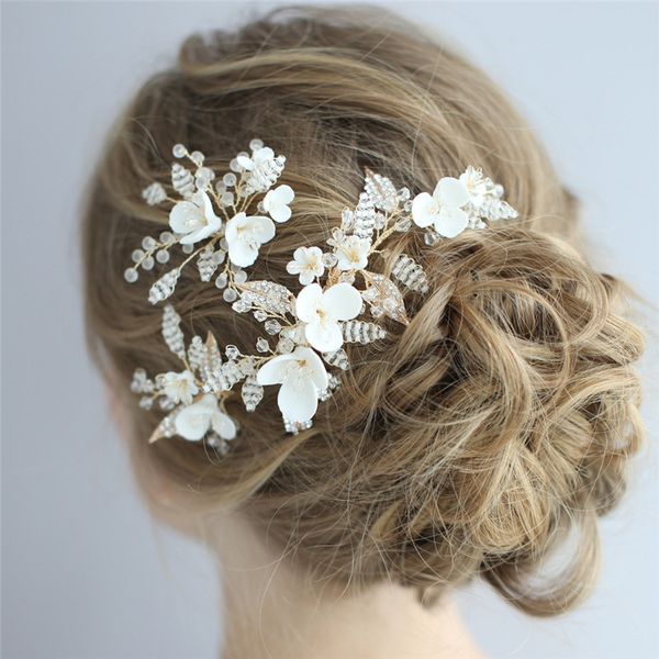 

white porcelain flower comb bridal pins beads wedding hair piece ornament hand wired women headpiece jewelry, Golden;silver