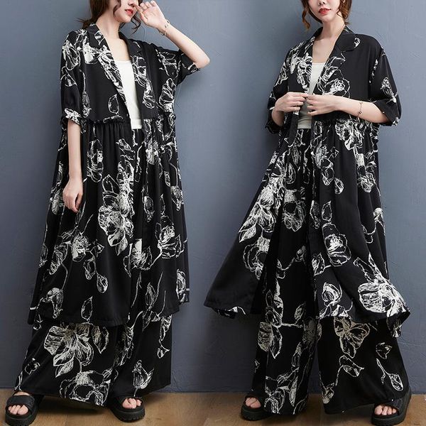 

women's two piece pants female summer korean style plus size long printing loose shirt + wide leg two-piece suit, White