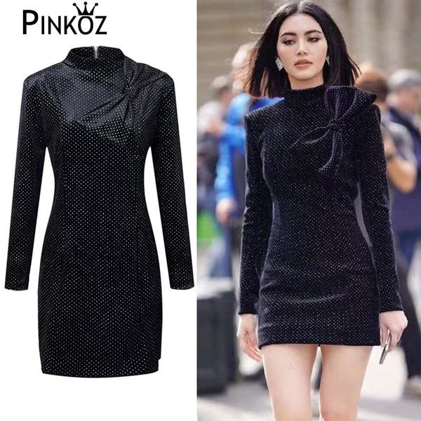 

runway designer vintage velvet dress autumn winter women long sleeve party black slim 210421, Black;gray