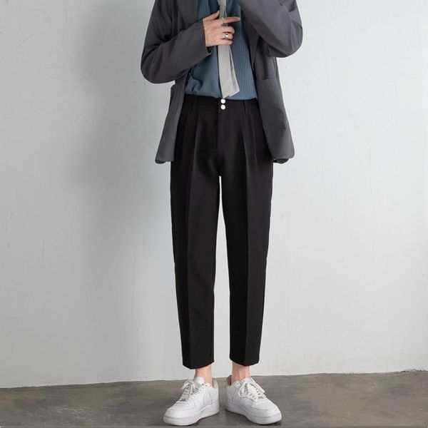 

men's pants 2021 summer suit korean design clothing ankle length straight fit trousers elastic waist solid black khaki green
