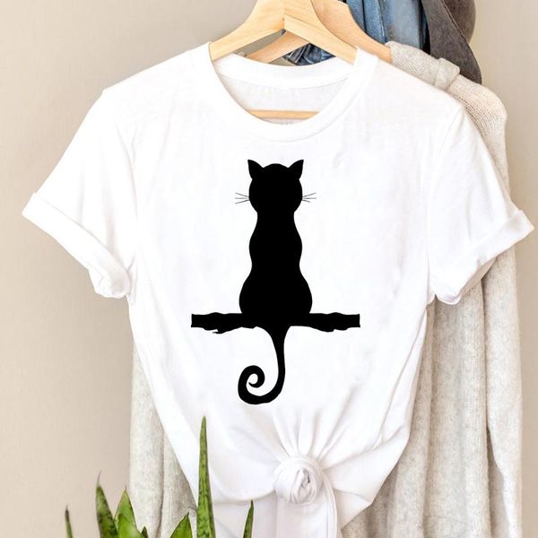 

women cat animal sit back cute cartoon style pet 90s graphic t shirts print t-shirts tee stylish style short sleeve t-shirt womens shirt fea, White