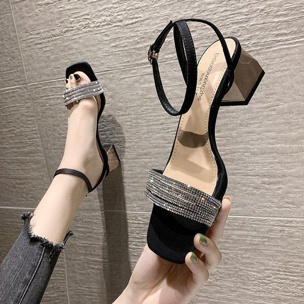 

sandals high heel sandal for women buckle strap shoes lady 2021 open toe suit female beige high-heeled comfort rhinestone peep block, Black