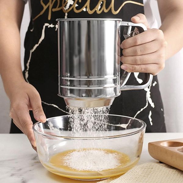 

stainless steel flour sifter with hand press double layers sieve baking cup for & pastry tools