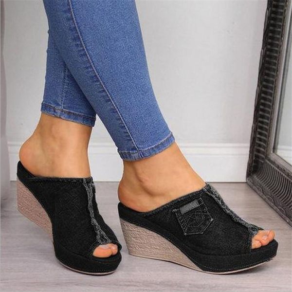 

arrival 2021 women's sandals women summer fashion leisure fish mouth thick bottom slippers wedges shoes woman, Black