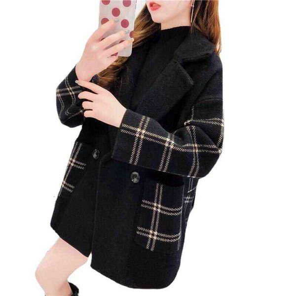 

woolen coat women's short korean loose stripe autumn and winter, Black;brown