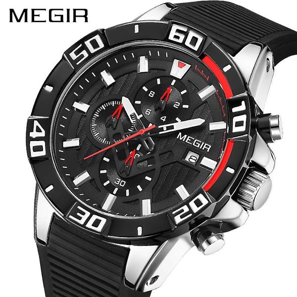 

wristwatches megir waterproof luminous sports multifunctional chronograph silicone quartz men's calendar watches relogio masculino 2121, Slivery;brown
