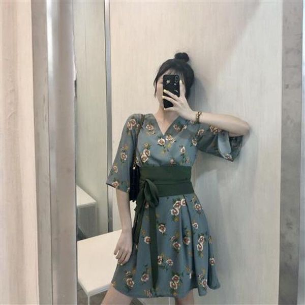 

ethnic clothing kimono dresses japanese modern style v-neck short sleeve high waist bow belt slim dress spring sauna sweat yukata, Red
