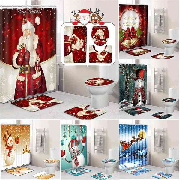 Novos 4 pcs Feliz Natal Banheiro conjunto de boneco de neve Santa Pai Sino Padrão Padrão À Prova D 'Água Duche Curtain Capa Toalete Tapete 210402