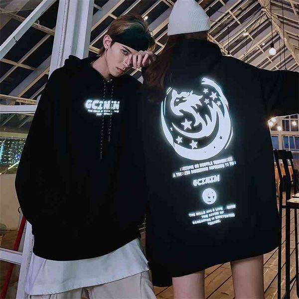 

reflective eagle print hooded sweater men's fashion brand hoodie dark wind hip hop loose pullover, Black