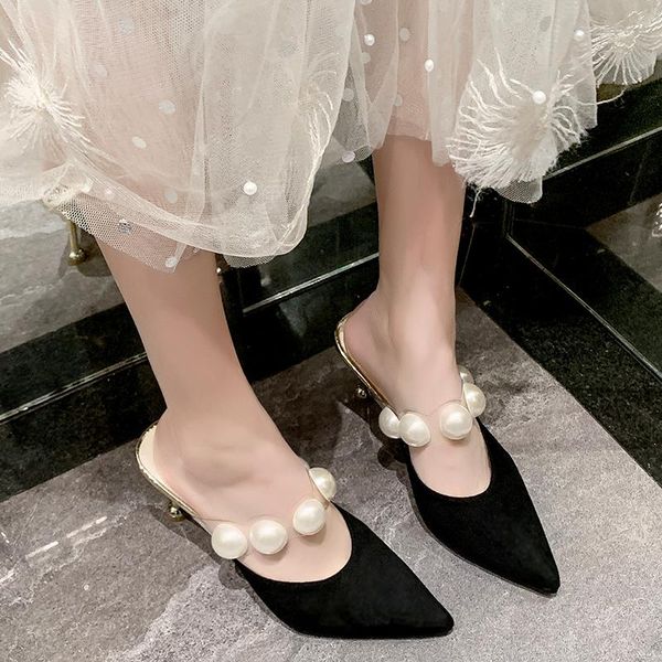 

thin heels slippers women summer cover toe high-heeled shoes lady flock med slides string bead pantofle soft flat 2021 cotton, Black