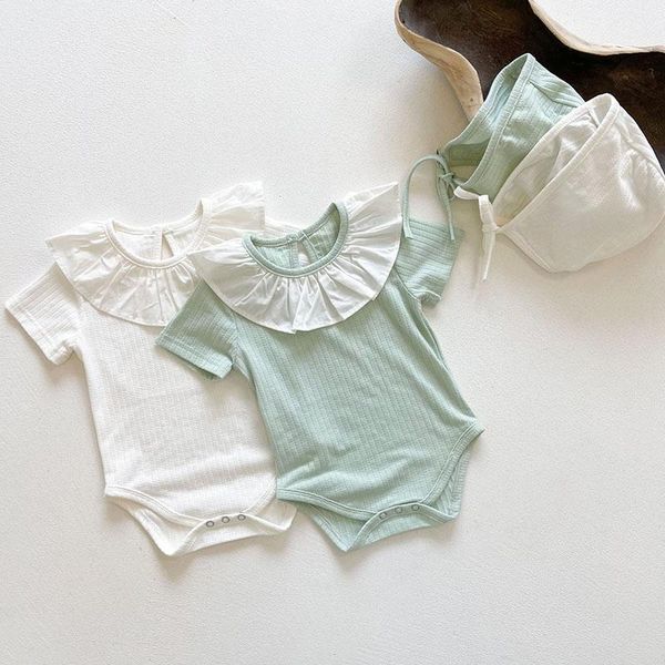 

baby girl short sleeve pure color lace rompers summer and hat kids born clothes jumpsuits, Blue
