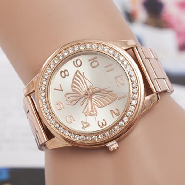 

ladies watches luxury rose gold women fashion butterfly pattern watch big dial quartz bracelet dames horloge wristwatches, Slivery;brown