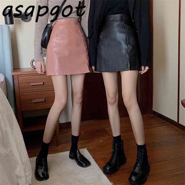 

korea chic autumn black pu leather skirt women mini high waist a line slim solid vintage femme jupes street plus size casual 210629