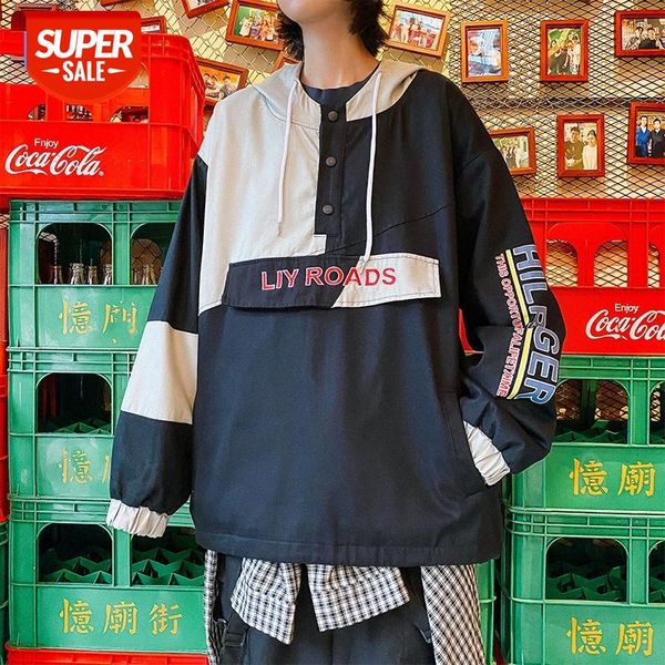 

color matching stitching hooded sweater men's port style all-match loose-fitting casual plus size jacket #sz7o, Black