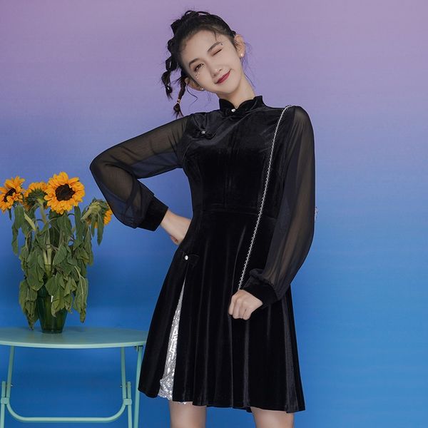 

black harajuku style party dress women chinese retro long sleeve patchwork cheongsam girls casual velvet qipao vestidos 12005, Red