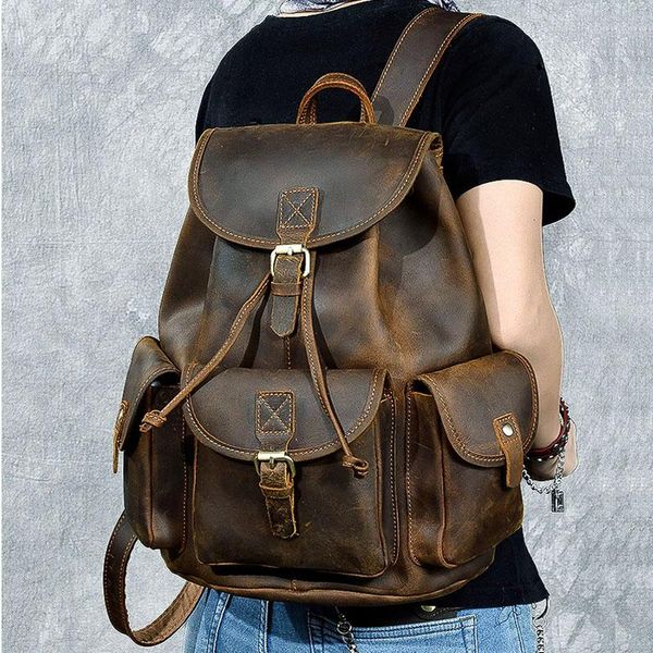 

backpack genuine leather men women vintage lapcrazy horse backpacks for school bag mochilas travel male