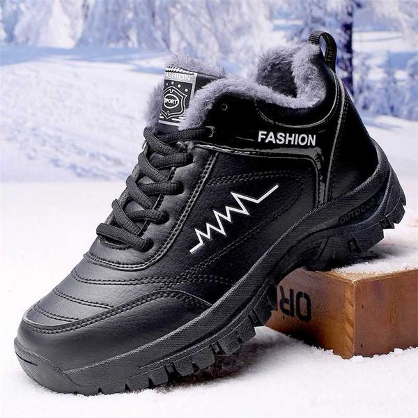 

winter women men boots shoes plush keep warm sneakers man outdoor waterproof ankle snow boots casual shoes leather boot man 211106, Black