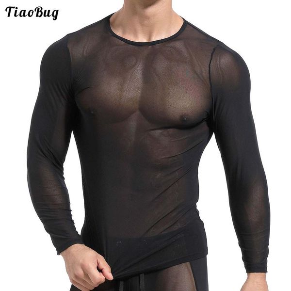 

tiaobug man pure color see-through mesh round neck long sleeve stretchy slim fit sport for cycling fitness workout running jerseys, Black;blue