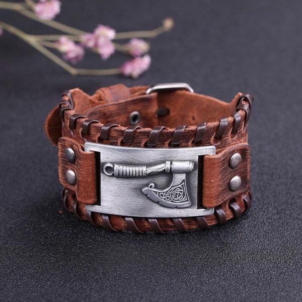 Pulseira pulseira de pulseira irlandesa nó viking pulseira snap snap buckle braided manada de couro marrom jóias masculinas da moda