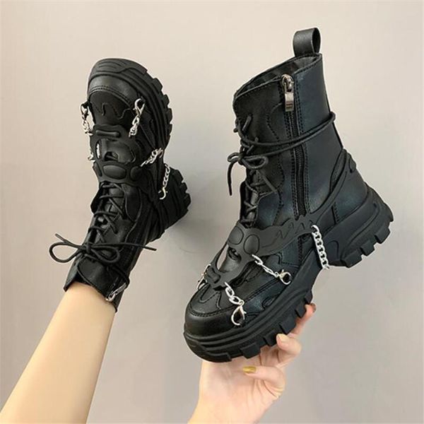 

boots women's shoes platform punk gothic combat black metal button motorcycle