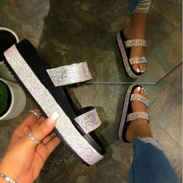 

slippers women rhinestone summer casual peep-toe beach shoes double-layer bling flip flops flat with, Black