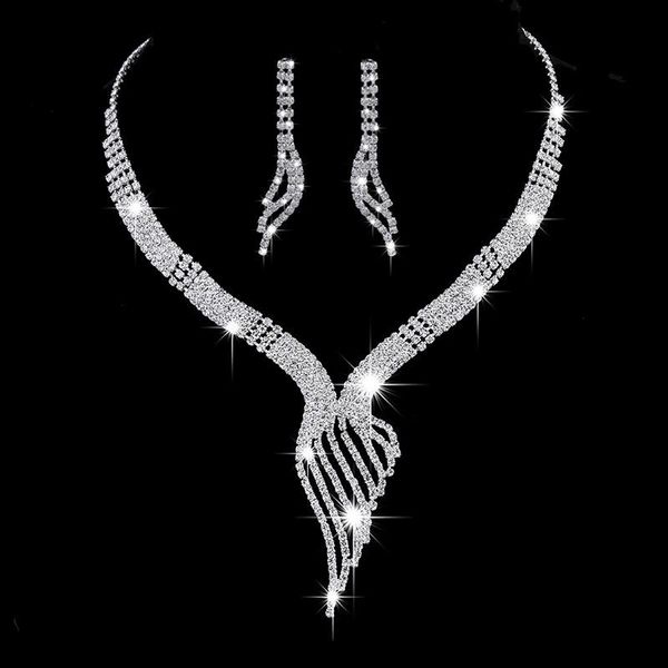 

unique hollow twisted chain set romantic bride zircon wedding dress necklace earrings 2-piece &, Silver