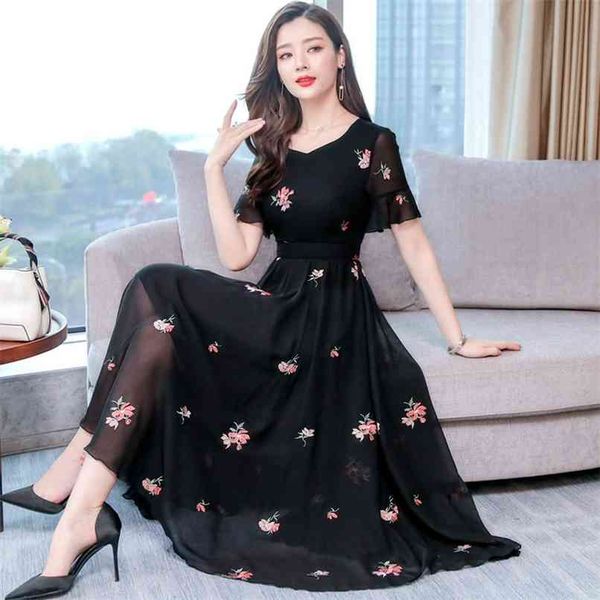 

summer vintage white print chiffon vacation maxi dress 3xl plus size beach v-neck midi elegant women bodycon vestido 210528, Black;gray