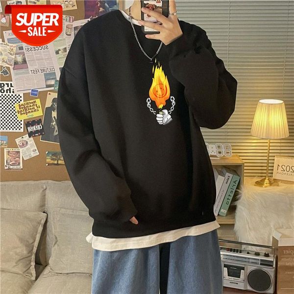 

hong kong style plus velvet round neck printed sweater men's korean version of the trend loose couples thick hedging outer clothes #cw7, Black