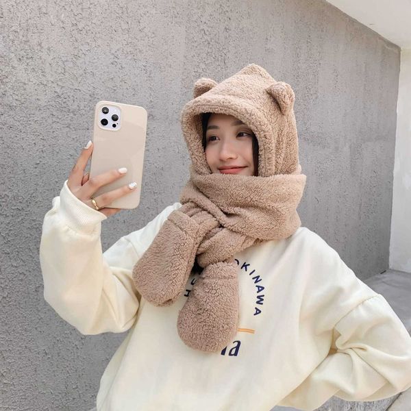 

hat glov parent-child three piece set in one student girl 2021 winter warm thickened plush scarf, Blue;gray