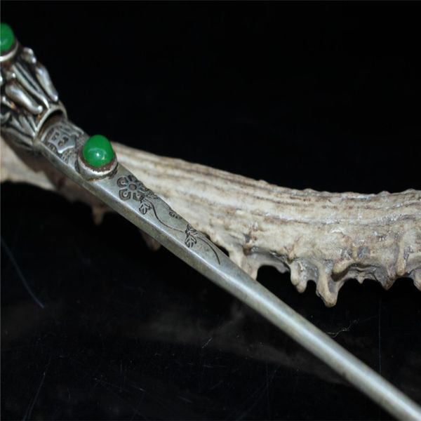 

china old tibetan silver inlaid green jade dragon head hairpin, Brown