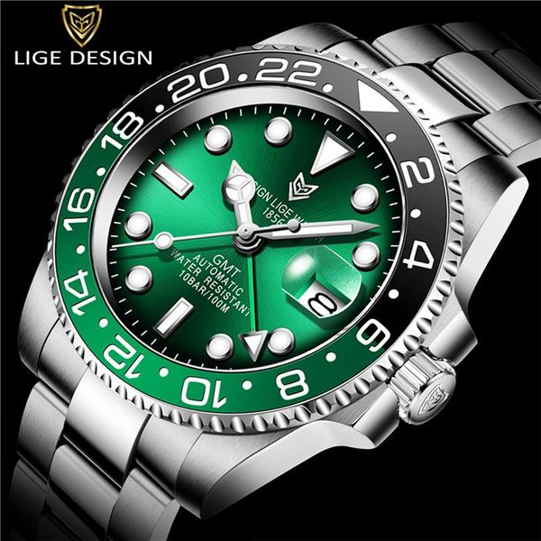 

wristwatches lige design men watches automatic green watch stainless steel waterproof business sport mechanical wristwatch, Slivery;brown